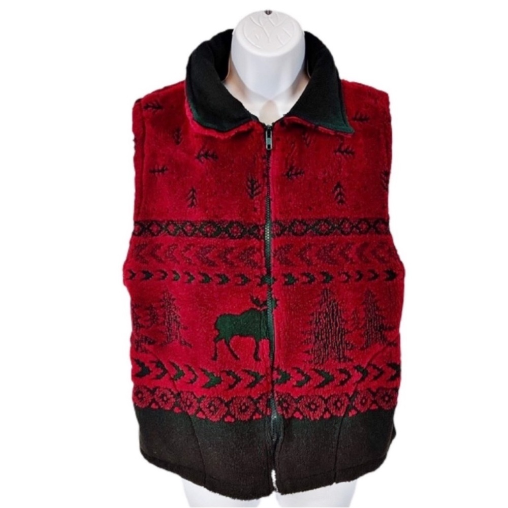 Vintage Black Mountain Outdoor Lodge Style Fleece Zip Vest S Red Black